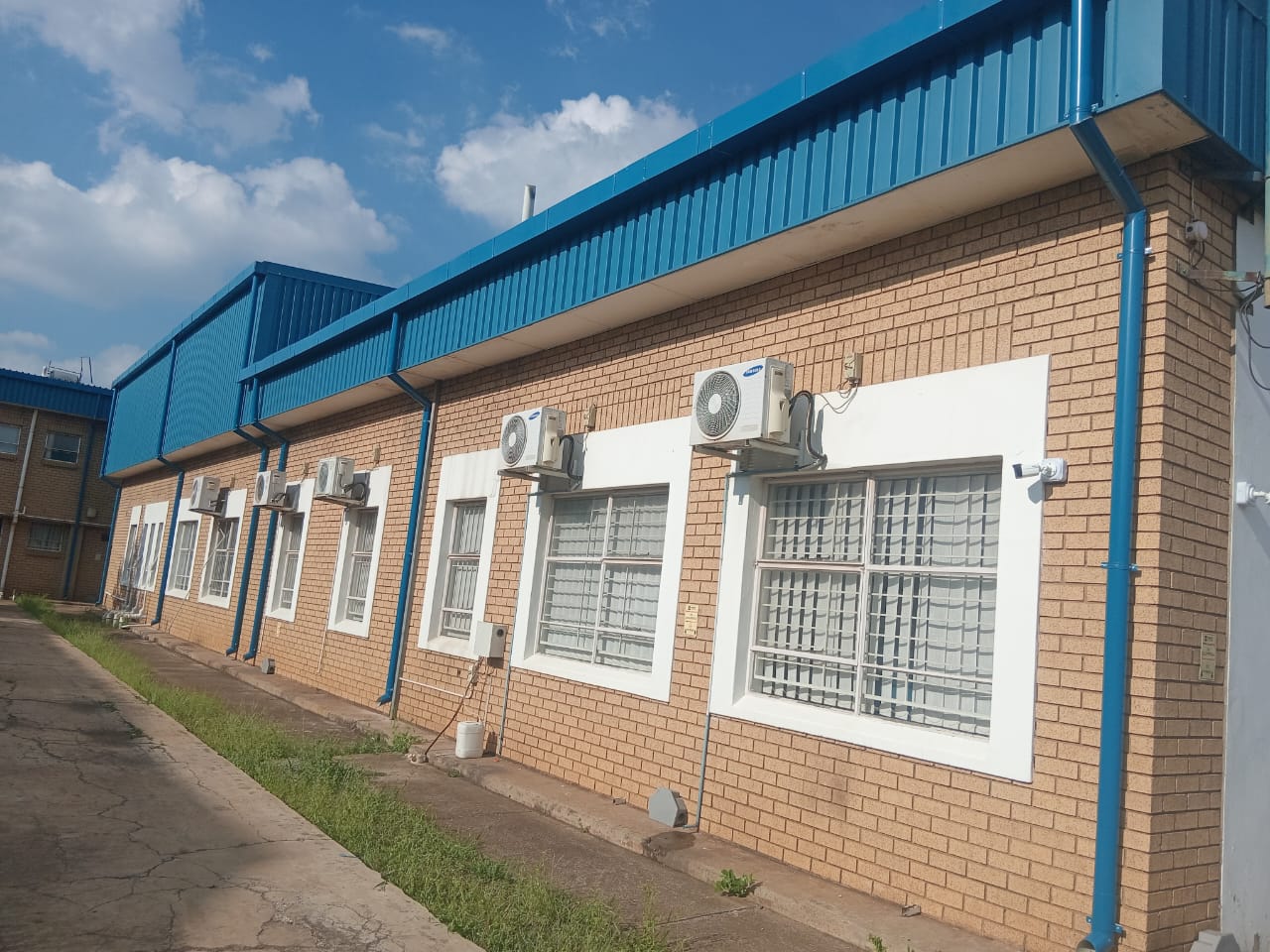 Commercial building facade with security windows
